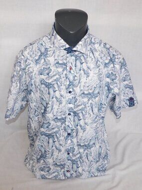 Jermyn & Bond Button Down Short Sleeve Blue White Paisley Shirt Mens XL